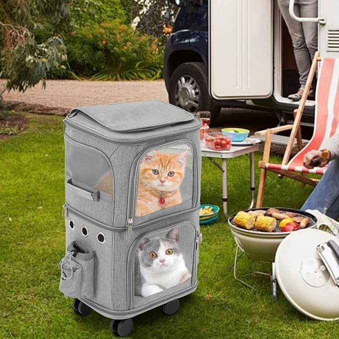 2-Tier Rolling Pet Carrier for Cats & Dogs, Removable Divider, Telescopic Handle, 4 Wheels, Breathable Mesh, Foldable, Large Portable Travel Crate with Side Pockets, 22lbs Capacity