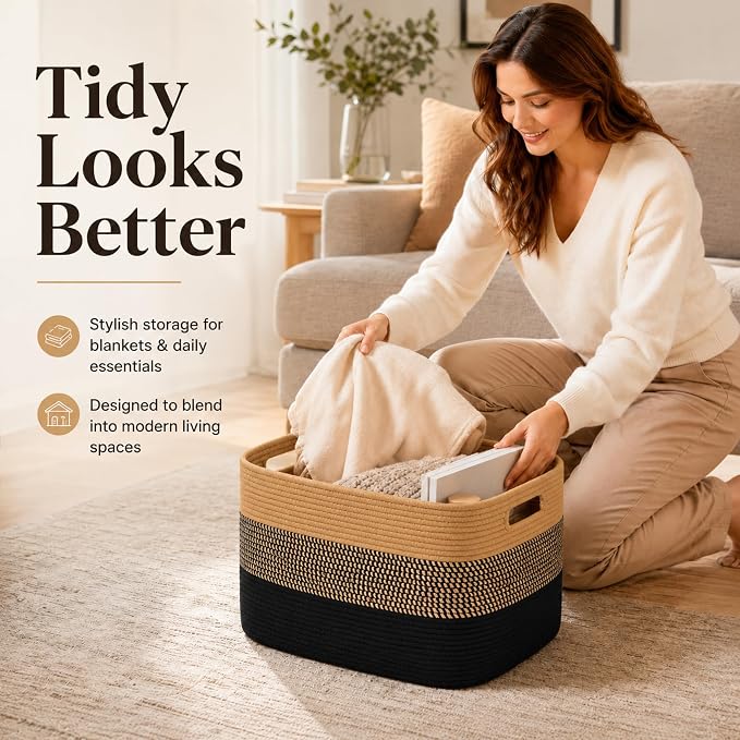 19.2GAL Sturdy Large Laundry Basket with Handles for Dirty Clothes, Portable Aesthetic Boho Cute Woven Storage Blanket Baskets for Living Room Decor and throws pillows Kids Toys Bath Towle Khaki Black