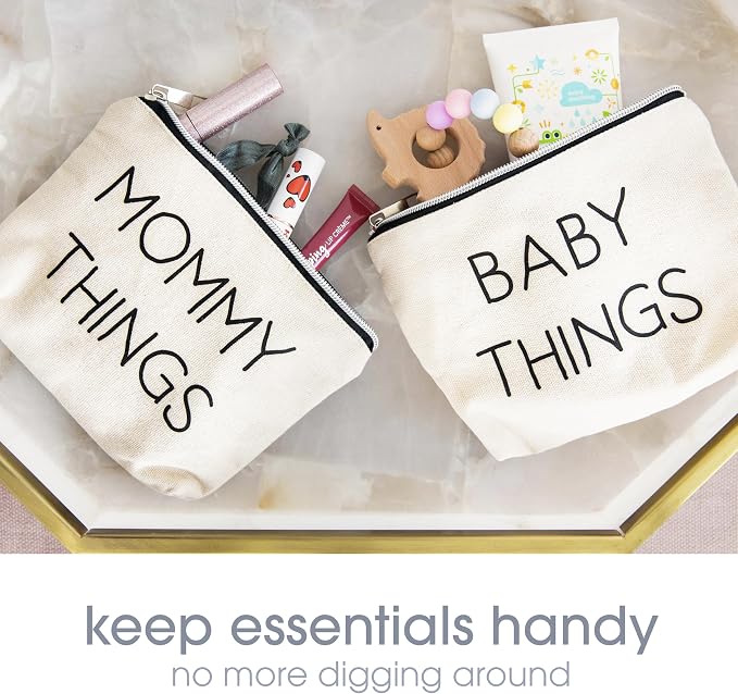 Pearhead Mommy and Baby Things Zipper Pouches, Set of 2, Organizer Bags | Diaper Bag Storage Organizer, Canvas Zipper Organize Bags for Travel or Hospital Bag, New Mom Gift, Cosmetic Makeup Bag