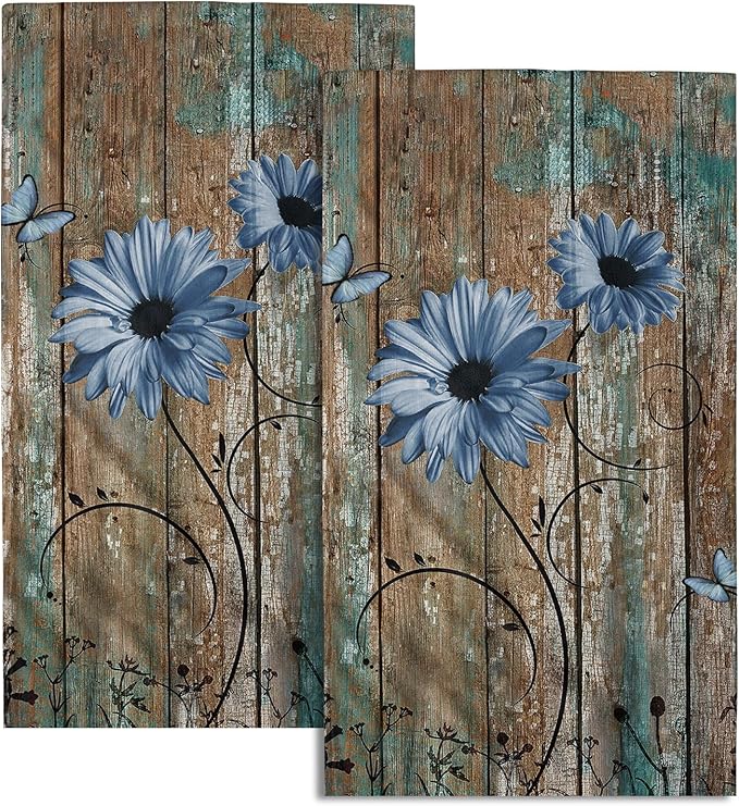 Giwawa Rustic Barn Sunflower Wooden Hand Towel 15x30 Set of 2, Fall Blue Daisy Flower Plank Fingertip Towel Retro Board Face Towel Country Barnwood Washcloth for Bathroom Farmhouse Log Cabin