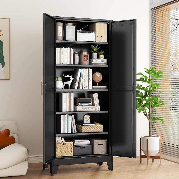 Black Metal Storage Cabinet,75" Steel Cabinets for Home Office | Kitchen Pantry Storage Cabinet with Doors and 5 Adjustable Shelves, Tool Cabinets, for Office, Home, Garage, School