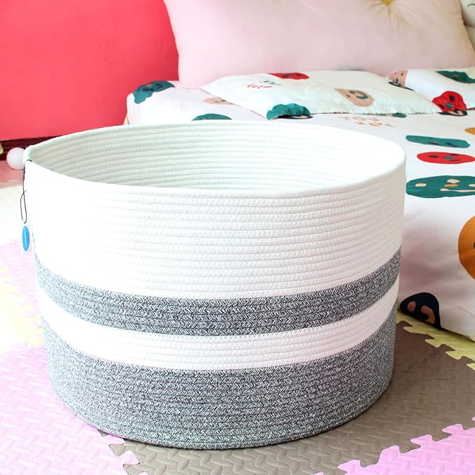 Casaphoria XXXLarge Cotton Rope Basket for Living Room - Woven Storage Basket with Handle for Blankets, Towels and Pillows Laundry Hamper | White and Grey (22" x 22" x 14")