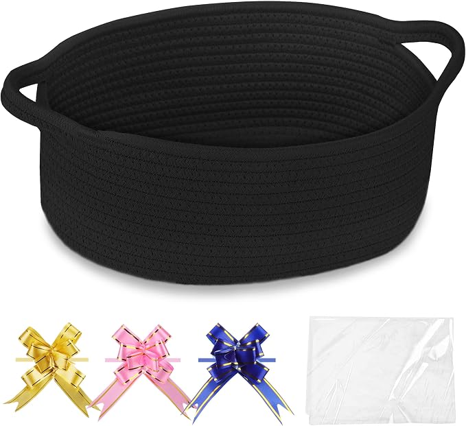COMSE Empty Small Gift Basket with Bag & Ribbons, Black | Cotton Rope, 12"x 8"x 5", Baby Toy Organizer, Stores Small Items for Bedrooms, Nurseries, Bathrooms, Living Rooms, Offices