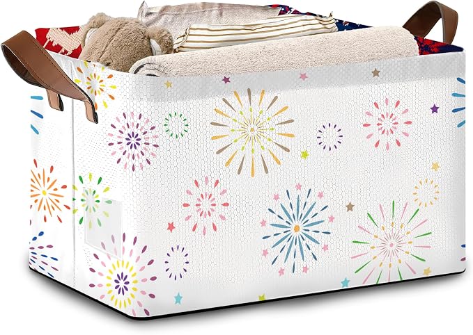 Colorful Fireworks Pattern Collapsible Storage Box - 17x11.5x10.5 Inch Foldable Organizer for Seasonal Decorations, Event Decor, Home Storage - Single Pack