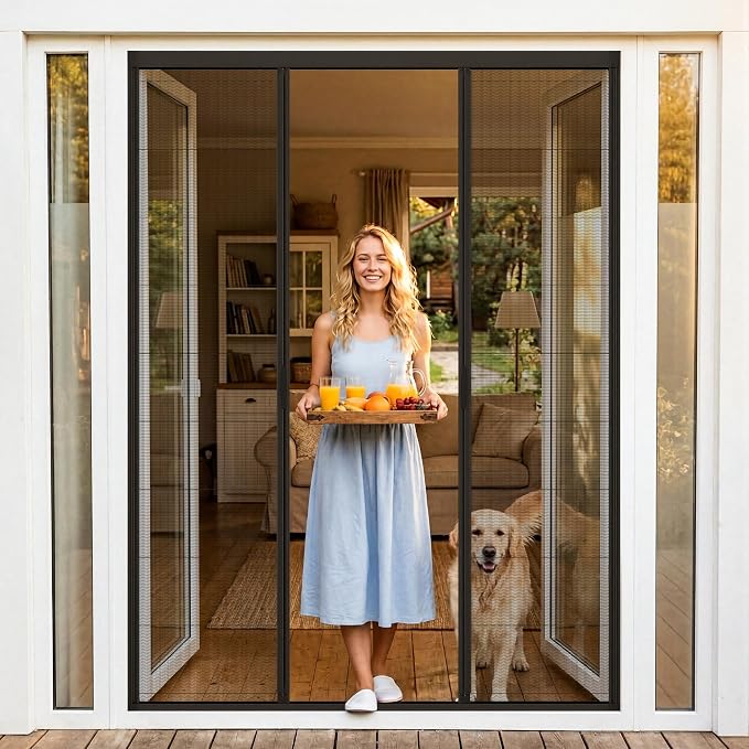 MAGZO Custom Heavy Duty Retractable Screen Door - Center Opening | Thick Removable Aluminum Frame, Tough PET Mesh, No-Drill Reversible for Balcony, Patio, Sliding Doors, Critter Block