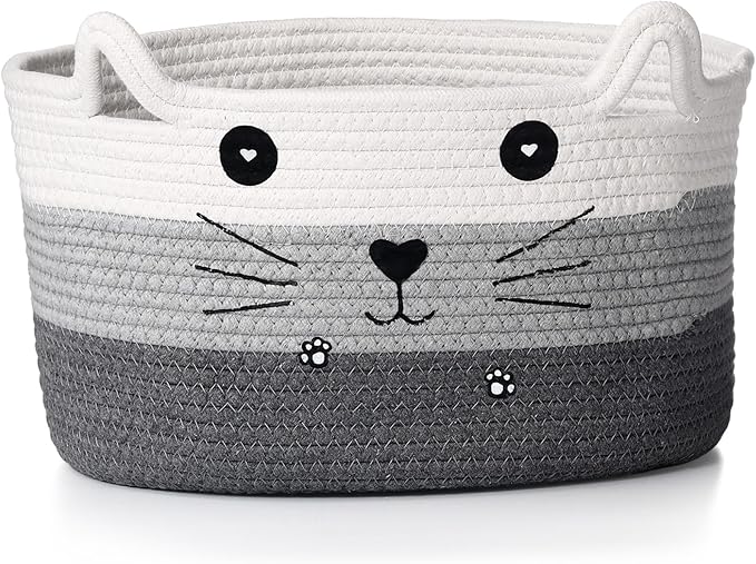 Zopeal Cat Woven Gift Basket Storage,13.7 x 7.8 Inch,Dark Gradient | Cute Cotton Rope Organizer with Handles for Toy Box, Nursery Decor, Decorative Bin, Pet Supplies Holder, Desk Storage