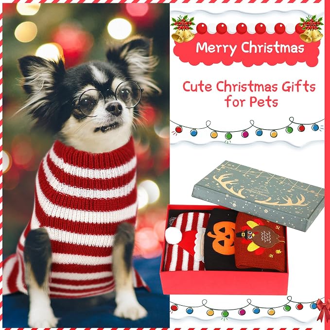 Sanwuta 3 Pcs Halloween Thanksgiving Christmas Dog Sweaters Sets, Medium | Turkey,Santa,Pumpkin Festive Design, Soft Smooth Knit Turtleneck, Warm Holiday Costume for Small Dog and Cat, Party Photoprop