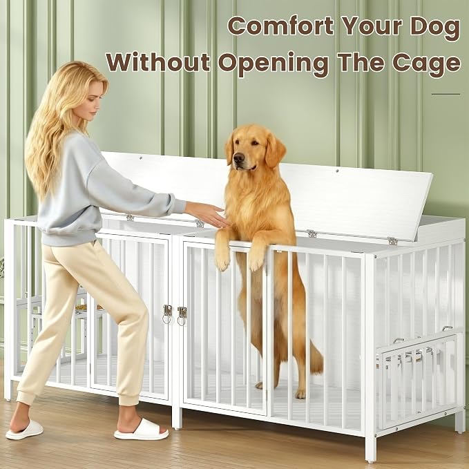 BOINN 78 Inch Dog Crate, Large Dog Crate for 2 Dogs, Dog Kennel Indoor for Large/Medium Dogs with Top Access Door, XL Wooden Dog Cage with 360 Degree Rotatable Stainless Bowls, Heavy Duty Steel Frame