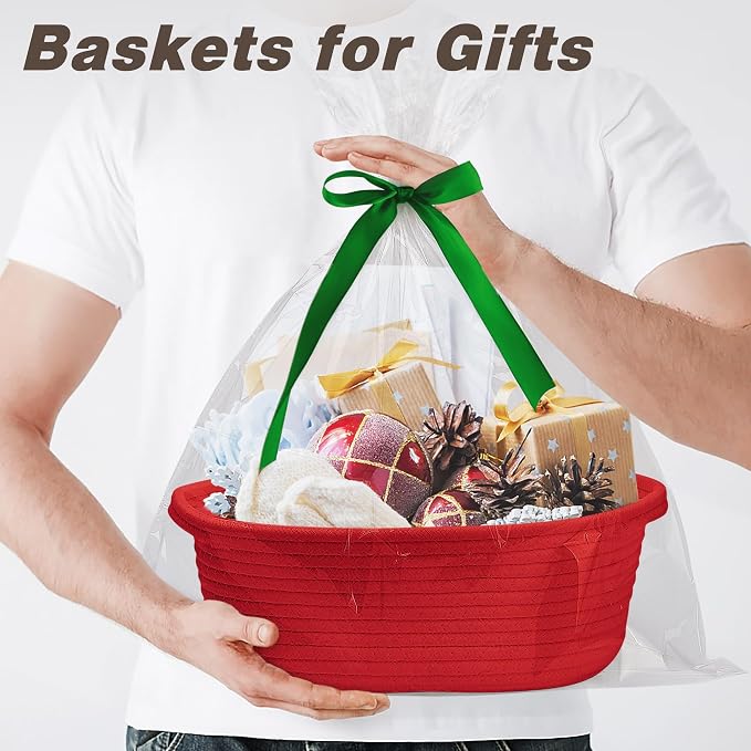Pro Goleem Small Woven Basket with Gift Bags and Ribbons Durable Baskets for Gifts Empty Small Rope Basket for Storage 12"X 8" X 5" Baby Toy Basket with Handles, Red