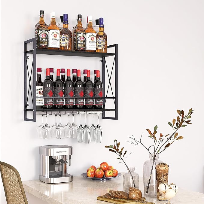 Dokser Wine Rack Wall Mounted 2 Tier Shelf Wine Bottle Holder for Kitchen | Black 2 Tier Wall Wine Rack with Rustic Wood & Industrial Iron Frame, Wine Bottle Holder for Dining Room, Home Bar Decor