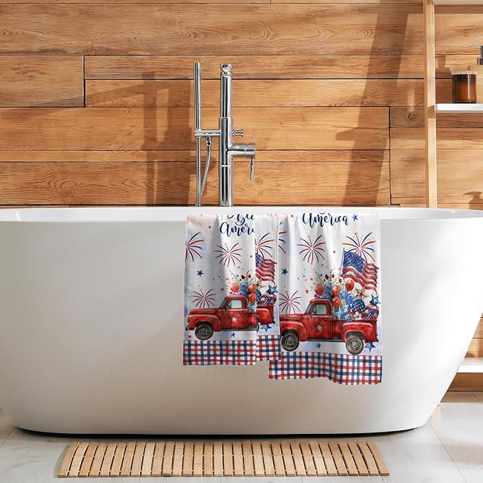 Giwawa 4th of July American Truck Hand Towels Set of 2 Independence Day Bath Towels Soft Absorbent Patriotic Holiday Decorative Fingertip Towels