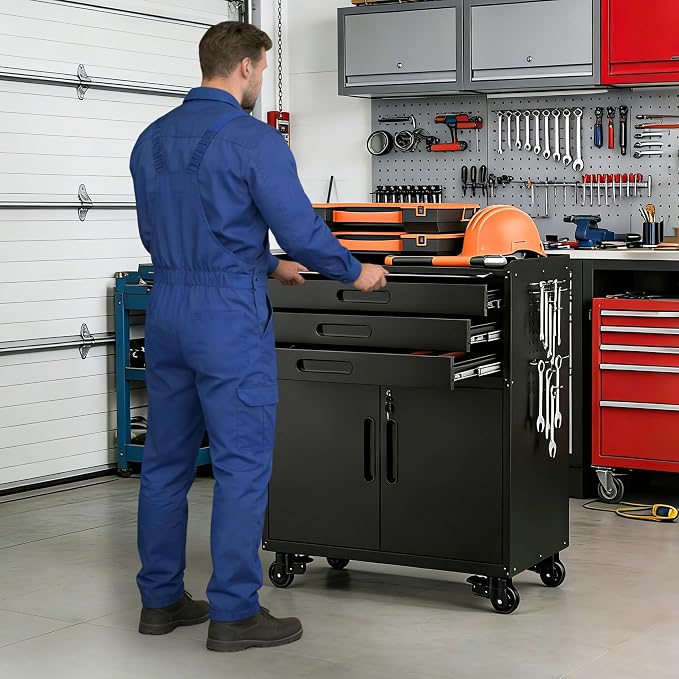 Metal Mobile Tool Storage Cabinet with 2 Locking Door and 3 Drawer | Black Heavy Duty Rolling Tool Cabinets for Garage,Metal Storage Cabinets with Wheels and Pegboard,Assembly Required