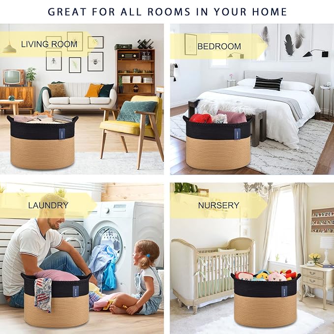 COMSE XXXLarge Woven Blanket & Laundry Basket, 87L, Black & Camel | 21.7" x 13.8", Cotton Rope, Nursery Hamper for Storage of Toys Clothes Towels, Ideal for Living Room Bedroom Bathroom