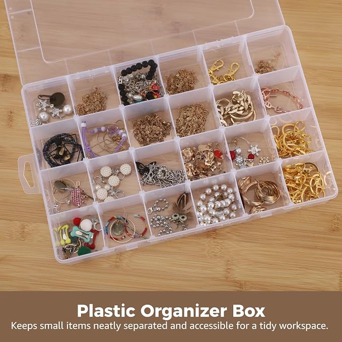 2 Pcs Plastic Organizer Boxes, 24 Grids Clear Storage Containers with Adjustable Dividers, Clear Plastic Organizer Cases for Jewelry, Beads, Findings, Craft Supplies, for Home, Office and Craft Use
