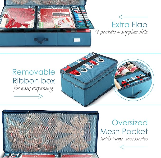 Hearth & Harbor Wrapping Paper Storage Container - Christmas Storage Bag with Ribbon Dispenser and Interior Pockets - Gift Wrap Organizer Fits Up to 26 Rolls of 40" Length, Blue