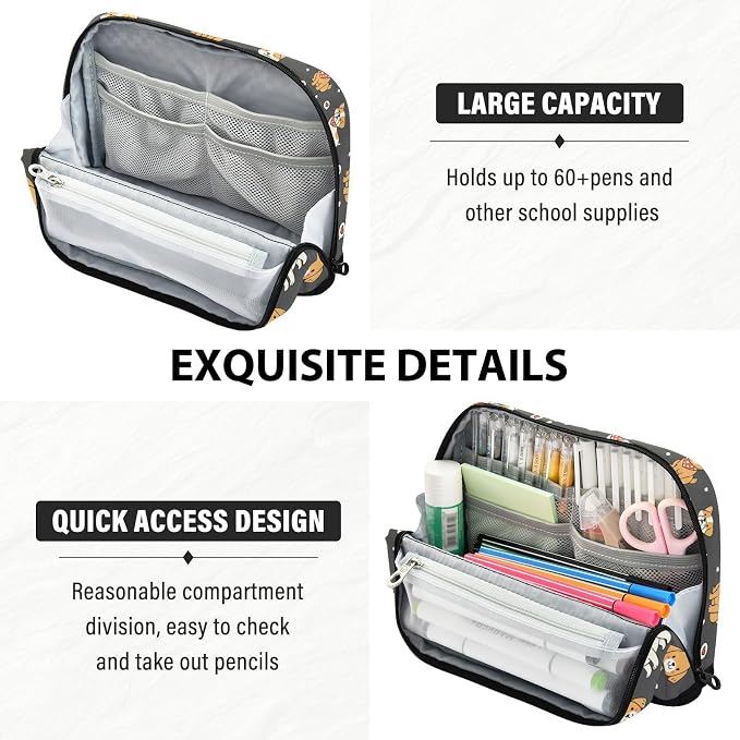 Emelivor Cute Pets Dogs Black Pattern Large Capacity Pencil Case Stand Up Pencil Pouch for School Office Aesthetic Pen Organizer Bag with Pockets Portable Stationery Bag for Teens Adults Kids