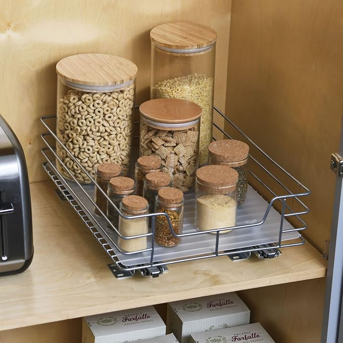 Household Essentials Brushed Steel Pull-Out Pantry Basket with Plastic Liner, Silver