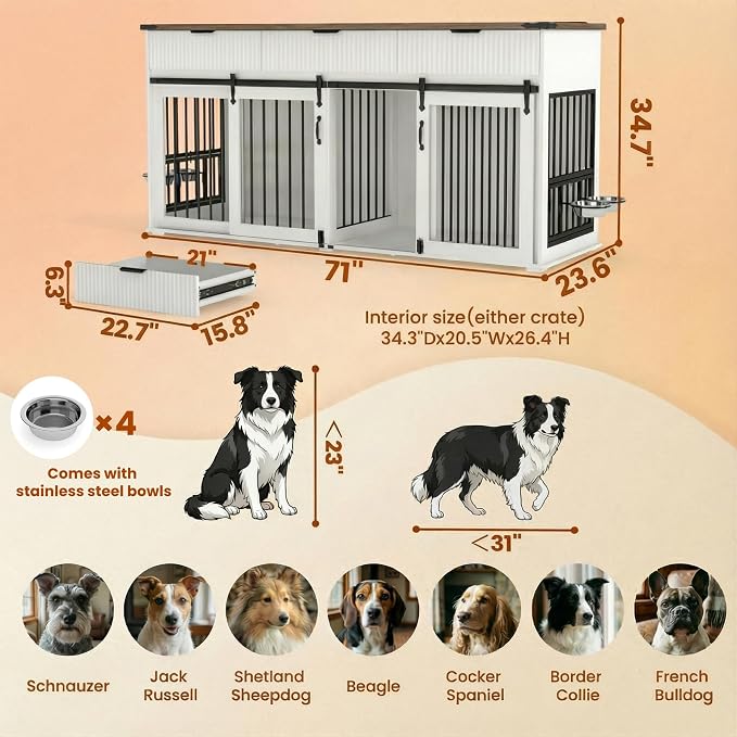 71'' Large Dog Crate for 2 Dogs, Dog Kennel Indoor with 3 Drawers and Removable Divider, Double Dog Crate Furniture with 360° Rotating Feeder, Wooden Dog Cage for Medium Large Dogs (White)