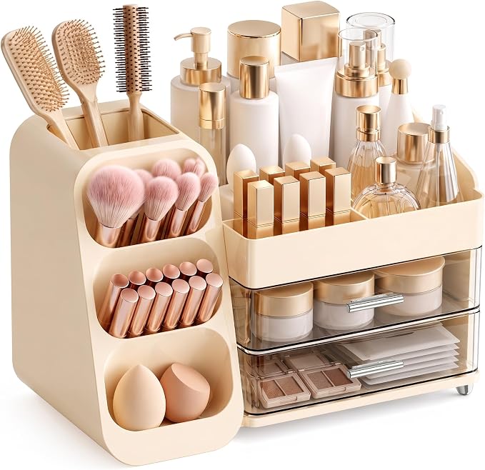 Large Makeup Organizer Countertop for Vanity Skincare Organizers Cream | Acrylic Cosmetic Display Case with Drawers Brush Holder, Dorm Bathroom Counter Organizer for Perfume, Nail Polishes, Lipstick