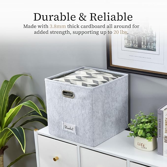 DECOMOMO Felt Storage Bins, 11 inch Cube Storage Bin with Labels | 6 Pack Storage Baskets for Shelves, Kallax (Light Grey)