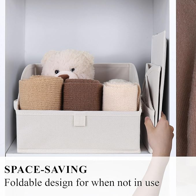 WUIKE 3 Pack Large Closet Storage Bins, Trapezoid Basket, White & Beige | Fabric Storage Baskets with Handles, Purse Organizer for Closet, for Clothes, Sheets, Blankets and Shelves