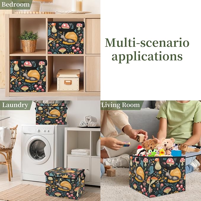 Snail Storage Bins with Lids, Boho Mushroom Foldable Storage Boxes with Carrying Handle Organizer Containers Baskets Cube for Home Bedroom Closet