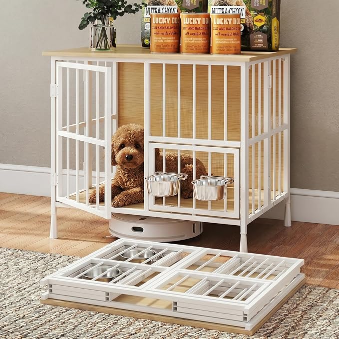 Hadulcet 27'' Foldable Dog Crate Furniture, Small Dog Kennel with 2 Bowls | Wooden Crate Table with Storage Top, Furniture Style Indoor Kennel for Small to Medium Dogs with Rotating Food Door, Oak