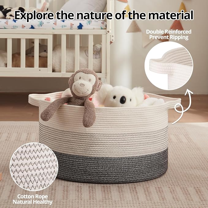 OIAHOMY 90L Extra Large Blanket Basket - Decorative Cotton Rope Storage Basket for Bedroom, Living Room & Nursery - Woven Laundry Hamper for Organizing Blankets, Clothes & Toys - Black and White