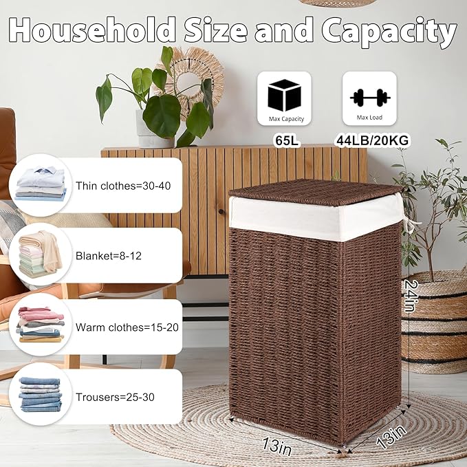 OIAHOMY Laundry Hamper with Lid, 65L(17.2 Gal) Large Wicker Laundry Basket for Bedroom, Handwoven Paper Rope Clothes Hamper with Washable Liner & Metal Frame, Decorative organizer for Bathroom Brown