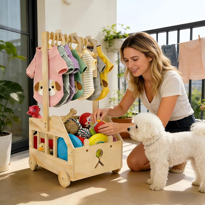 22" x14"x10" Wooden Pet Wardrobe Closet with 10 Hangers, 5 Split Labels & 1 Pen, Easy Assembly Crate for Dog/Cat Closet, Dog Closet Organizer for Toys Clothes and Accessories