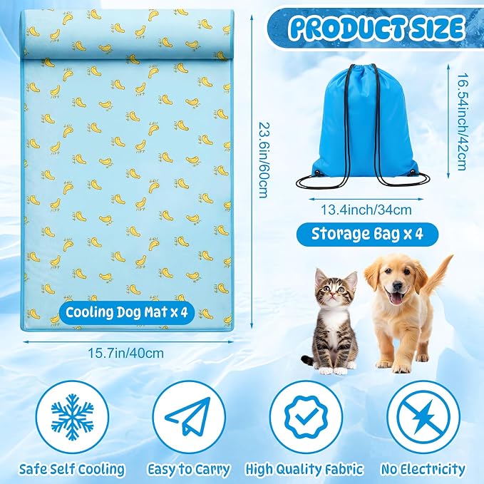 DoubleFill 4 Pack Cooling Pet Mats 15.7" x 23.6" Cooling Dog Beds with Supportive Pillow Self Ice Washable Cool Pads Summer Cat Sleeping Pad with Storage Bag for Summer Crate Floor (Small, Blue)