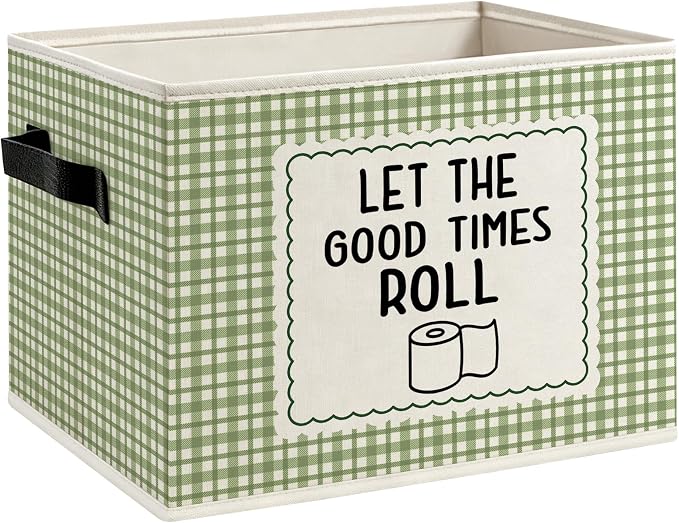 Funny Bathroom Foldable Storage Bins Box with Handles, Let the Good Times Roll Sage Green Gingham Plaid Decorative Storage Boxes Baskets Organizer for Washroom Guest Bathroom