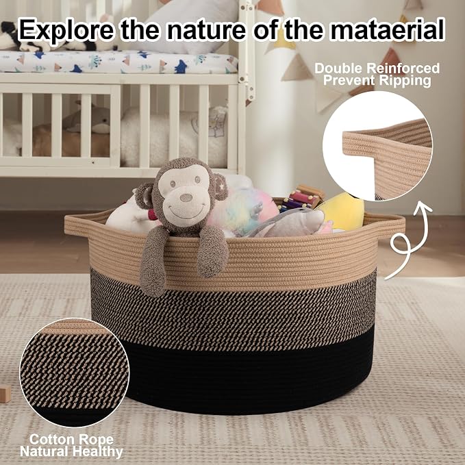 OIAHOMY 90L Extra Large Blanket Basket - Decorative Cotton Rope Storage Basket for Bedroom, Living Room & Nursery - Woven Laundry Hamper for Organizing Blankets, Clothes & Toys - Yellow and Black