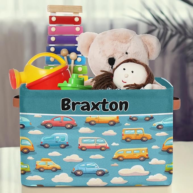 Custom Storage Baskets for Kids with Name, Large Foldable Organizer Collapsible Storage Bin with Leather Handle for Home Toys Closet Nursery, Colorful Bus Taxi Clouds