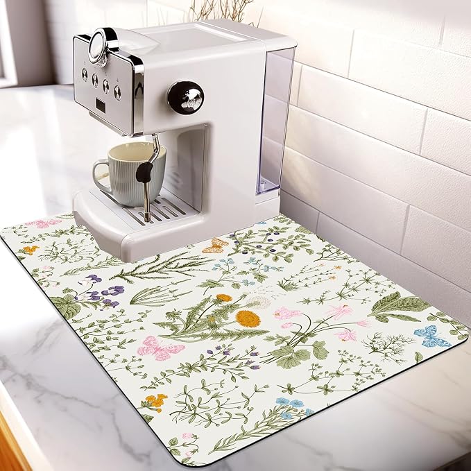 Dish Drying Mat For Kitchen Counter, 12"X20" Absorbent Coffee Bar Mat With Watercolor Painting Of Plants And Flowers Dish Drainer Rack Mat For Kitchen Counter (flower, 12"X20")