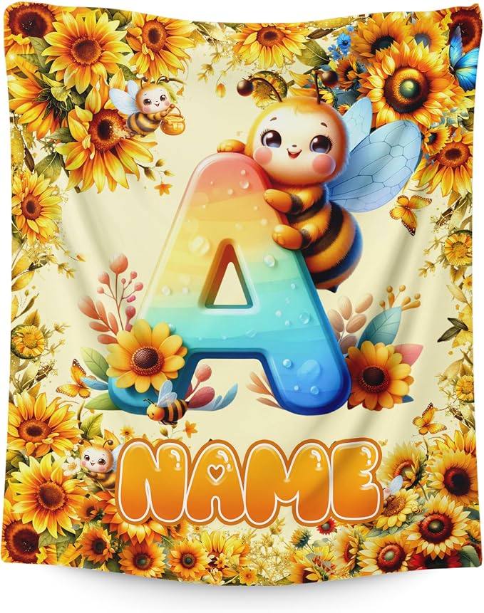 Girls Blanket with Initial Name, Custom Bees Kids Throws Living Room Decor | Personalized Kids Teens Blanket, Bed Decor, Fluffy Throws, Travel Camp Gift