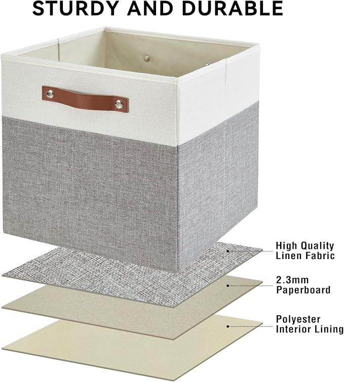 13x15x13 Storage Cube Bins, Foldable Storage Organizer Baskets, Fabric Cube Storage Boxes with 2 Reinforced PU Handles for Kallax, Shelves, Living Room | 4 Pack, Gray & White