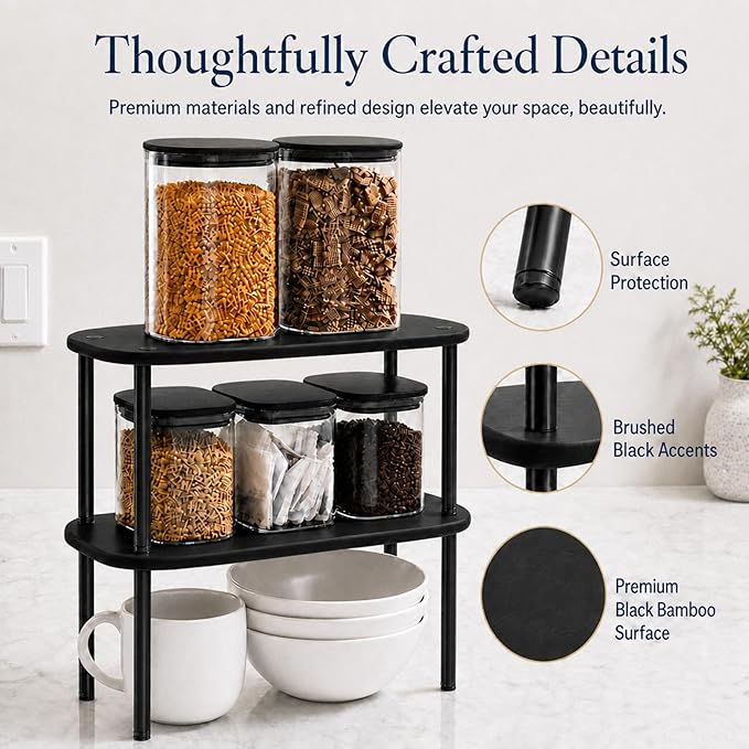 Ibyx Shelves Organizer Set of 2 - Kitchen Cabinet Organizers and Pantry Storage - Bamboo Top & Brass-Effect Metal Legs - Stackable Shelves for Kitchen Counter & Cabinets with 22 lb Capacity - Black