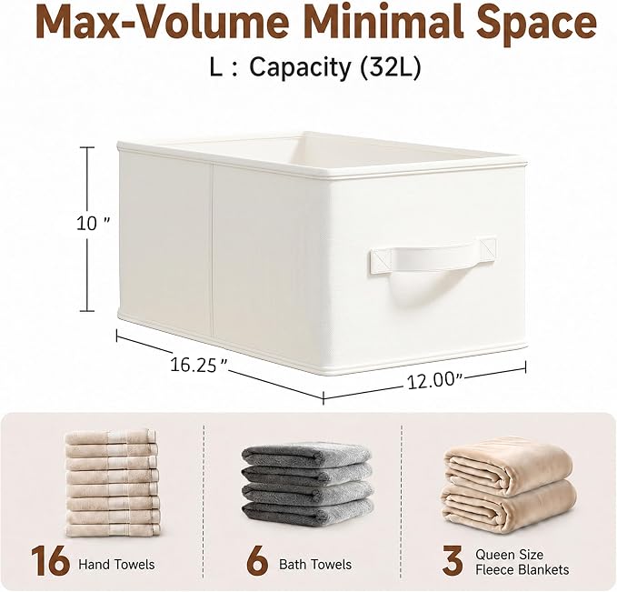 LayerSpace 3 Pack Fabric Storage Bins for Shelves | 16.25x12x10in Closet | Collapsible Bins for Organization | Linen Clothes Storage Bins | White & Ivory | Thickened Rigid PP Panels, Cotton-linen Shelf Baskets, Measure 16.25"L x 12"W x 10"H for Clothes...