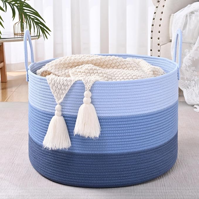67L Large Woven Blanket Basket, Cotton Rope Baby Laundry Hamper with Handles, Kids Toy Basket for Classroom & Nursery, Soft Round Stuffed Animal Storage, Dog Toy Bin - 20"x13", Blue
