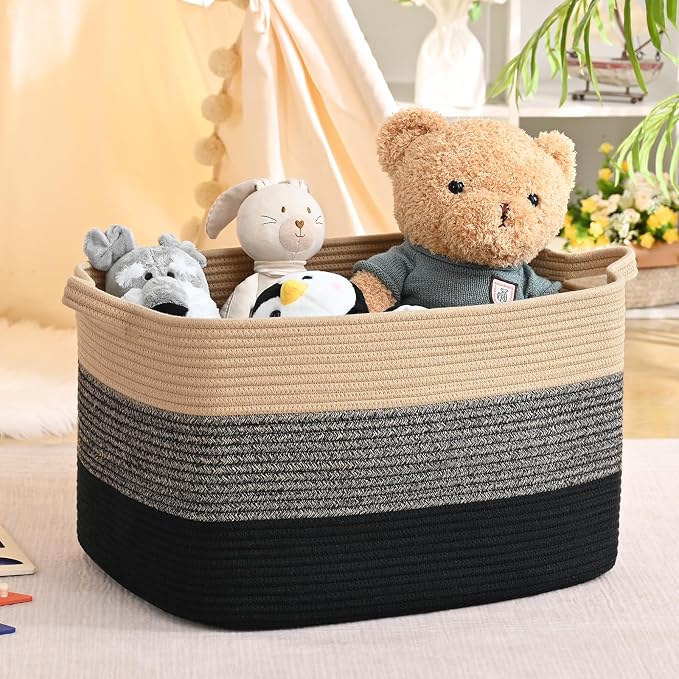 Large Blanket Basket, 100L Storage Baskets for Organizing, Woven Laundry Basket for Blankets, Cotton rope Blanket Storage for Living Room, Nursery Room, 24.8"L x 15.74"W x 15.74"H, Brown & Black