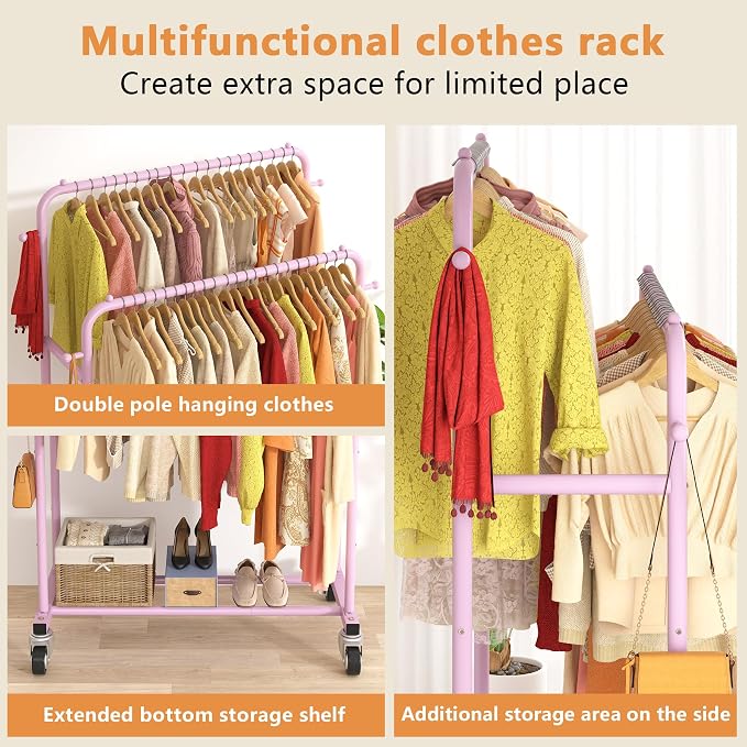 Laiensia Double Rods Garment Rack with Wheels, Clothing Rack for Hanging Clothes,4 Hooks, Multi-Functional Bedroom Clothes Rack, Pink