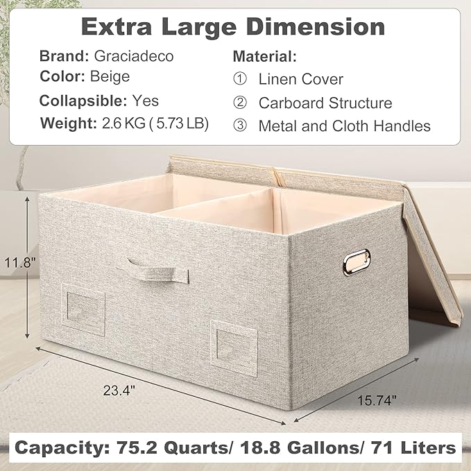 Storage Bins with Lids Fabric Closet Organizers Cubes Office Organization | 75 Quarts 1 Pack Beige Collapsible Stackable Linen Fabric 4 Handles Bedroom Closet Cabinet Under Bed Clothes Toy Office File