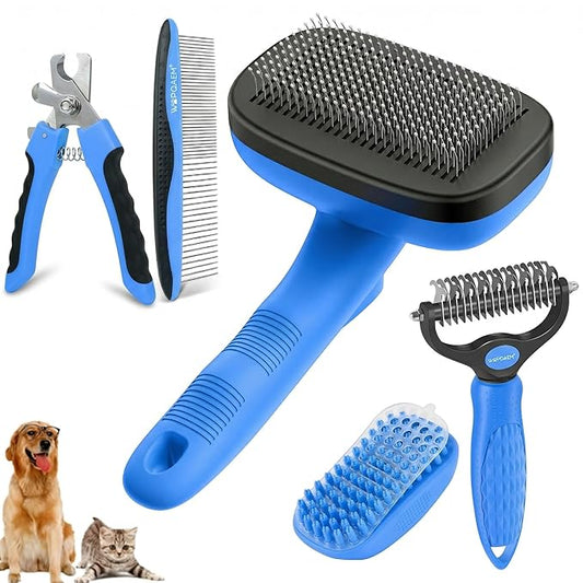 Self Cleaning Slicker Brush & Dog Brush Grooming Rake & Bath Brush & Nail Clippers & Pet Comb for Pets,Deshedding Dematting Tool for Long and Short Haired Dogs & Cats，Blue 5 PCS