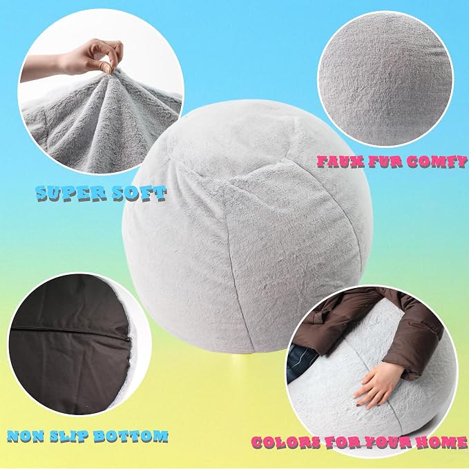 LPMOERA Fluffy Faux Fur (No Filler) Stuffed Animal Bean Bag Storage Covers for Kids Snow Grey