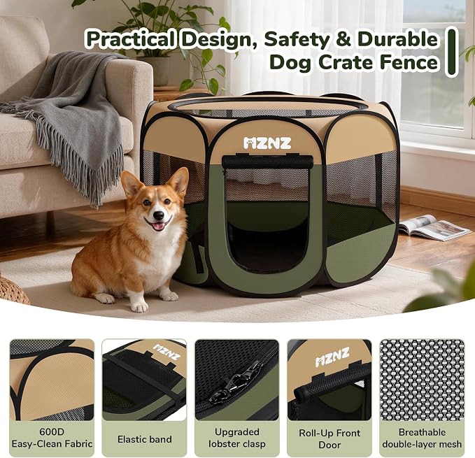 Dog Cat Small Animal Puppy Playpen Crate, Medium, Olive Green | Portable Pop Up Pet Cage Enclosure Tent Kennel Indoor Outdoor with Carrying Case, No Assembly, Camping Use