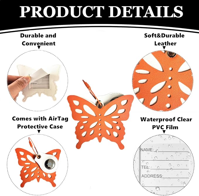 PU Leather Luggage Tag with Airtag Holder Case Set and Name ID Label | Hidden Compartment for AirTag Travel Suitcase Tracking Case with Stainless Steel Loop,Cute Fruit Plant Styles,Butterfly
