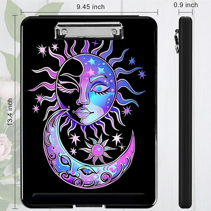 Purple Moon Sun A4 Clipboard with Storage Pen Holder, Clipboards Organizer Nursing Clipboard Foldable File Folder Plastic Clipboard Folio Clip Board for Office Students Classroom Doctor