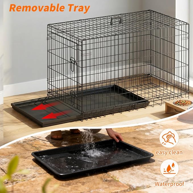 FDW Dog Crate 42-Inch Dog Cage Single Door Foldable Metal Kennel with Leakproof Tray Foldable Design Indoor Outdoor Use for Large Dogs,Dark Black