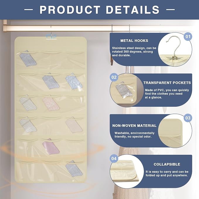 26-Pocket Hanging Closet Organizer for Socks and Underwear, Beige | Non-woven clear compartments keep bras & leggings visible; swivel hook fits wardrobe, closet rod, wall, door or shelves.